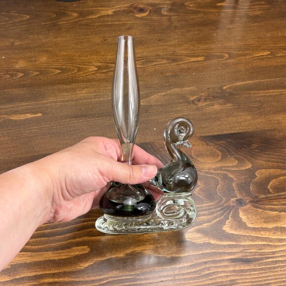Vintage Glass Duck Bud Vase Clear Handblown Etched Glass Bird Figurine Vase - Picture 13 of 16